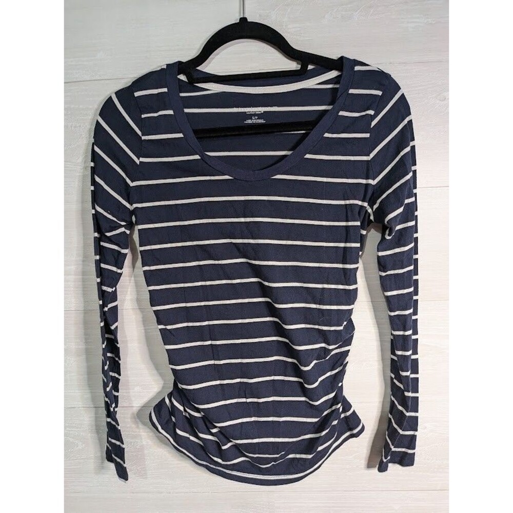 Liz Lange Maternity Small S Navy White Striped Long Sleeve Ruched Tee